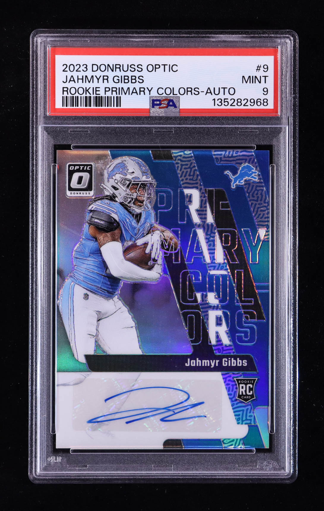 Jahmyr Gibbs 2023 Donruss Optic Rookie Primary Colors Autographs #9 RC #19/25 (PSA 9) at PristineAuction.com Jahmyr Gibbs 2023 Donruss Optic Rookie Primary Colors Autographs #9 RC #19/25 (PSA 9) at PristineAuction.com