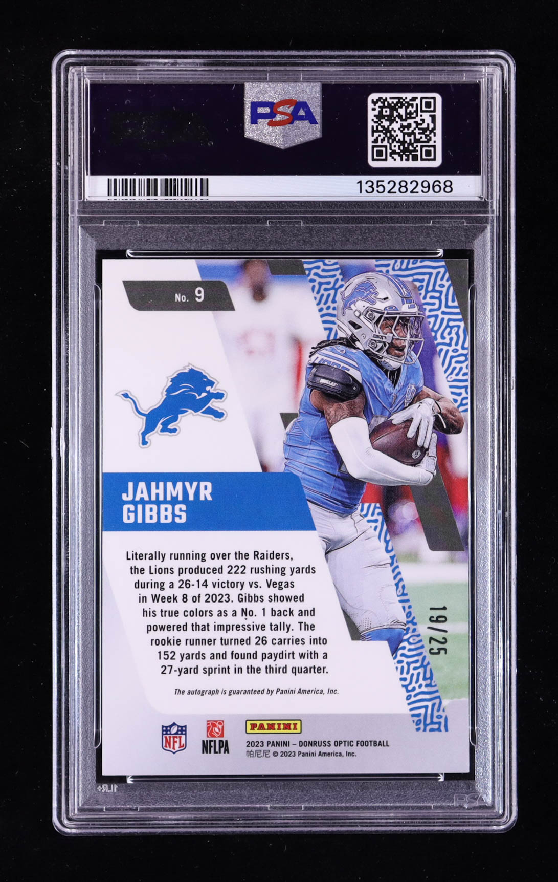 Jahmyr Gibbs 2023 Donruss Optic Rookie Primary Colors Autographs #9 RC #19/25 (PSA 9) at PristineAuction.com Jahmyr Gibbs 2023 Donruss Optic Rookie Primary Colors Autographs #9 RC #19/25 (PSA 9) at PristineAuction.com