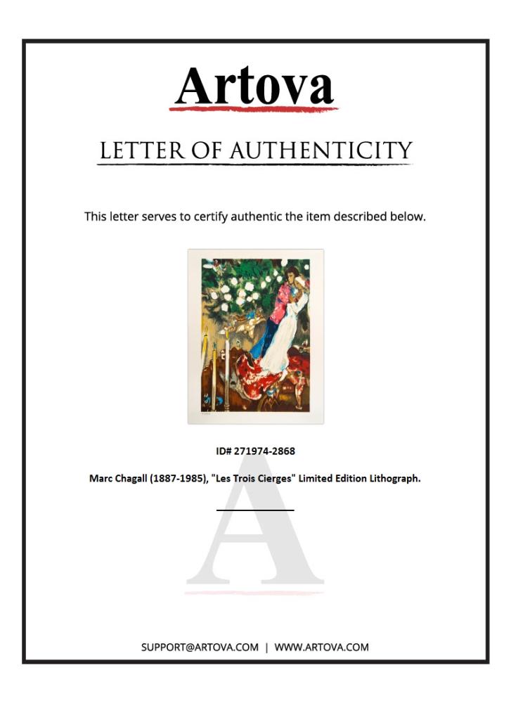 "Les Trois Cierges" LE 22x17 Lithograph on Paper by Marc Chagall (Artova) at PristineAuction.com "Les Trois Cierges" LE 22x17 Lithograph on Paper by Marc Chagall (Artova) at PristineAuction.com