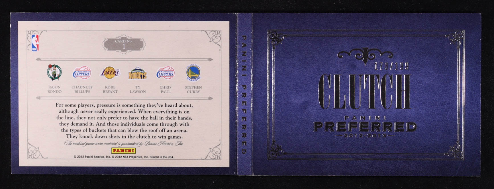 Stephen Curry / Ty Lawson / Kobe Bryant / Chauncey Billups / Chris Paul / Rajon Rondo 2012-13 Panini Preferred Clutch Memorabilia #1 #178/199 at PristineAuction.com Stephen Curry / Ty Lawson / Kobe Bryant / Chauncey Billups / Chris Paul / Rajon Rondo 2012-13 Panini Preferred Clutch Memorabilia #1 #178/199 at PristineAuction.com