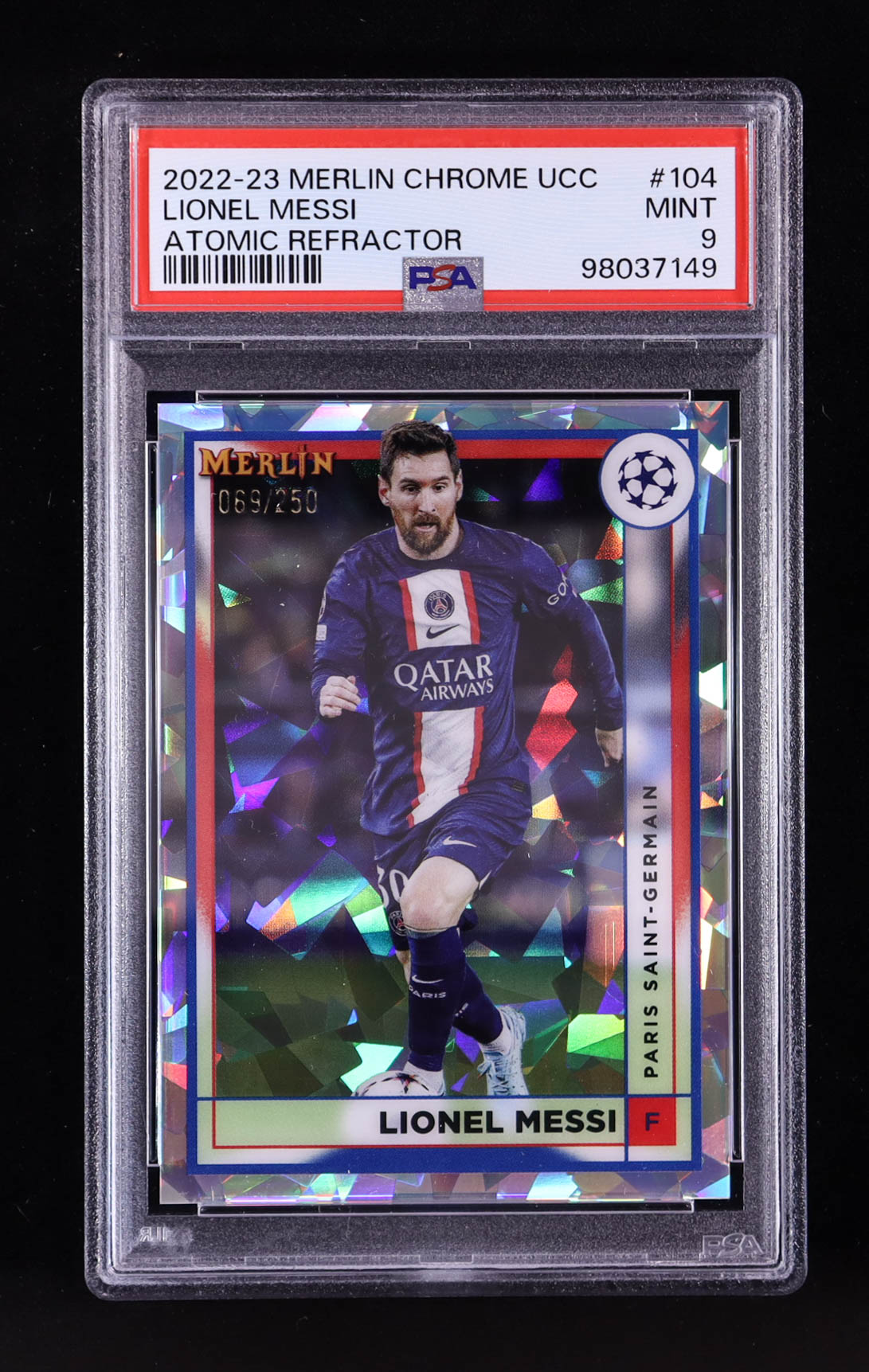 Lionel Messi 2022-23 Topps Merlin UEFA Atomic Refractors #104 #069/250 (PSA 9) at PristineAuction.com Lionel Messi 2022-23 Topps Merlin UEFA Atomic Refractors #104 #069/250 (PSA 9) at PristineAuction.com