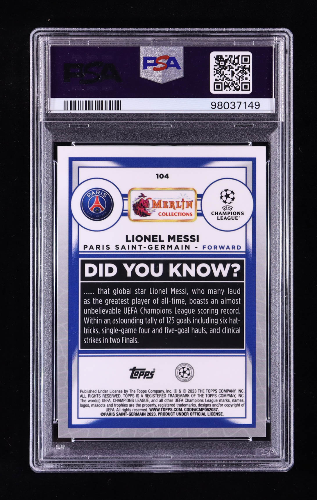 Lionel Messi 2022-23 Topps Merlin UEFA Atomic Refractors #104 #069/250 (PSA 9) at PristineAuction.com Lionel Messi 2022-23 Topps Merlin UEFA Atomic Refractors #104 #069/250 (PSA 9) at PristineAuction.com