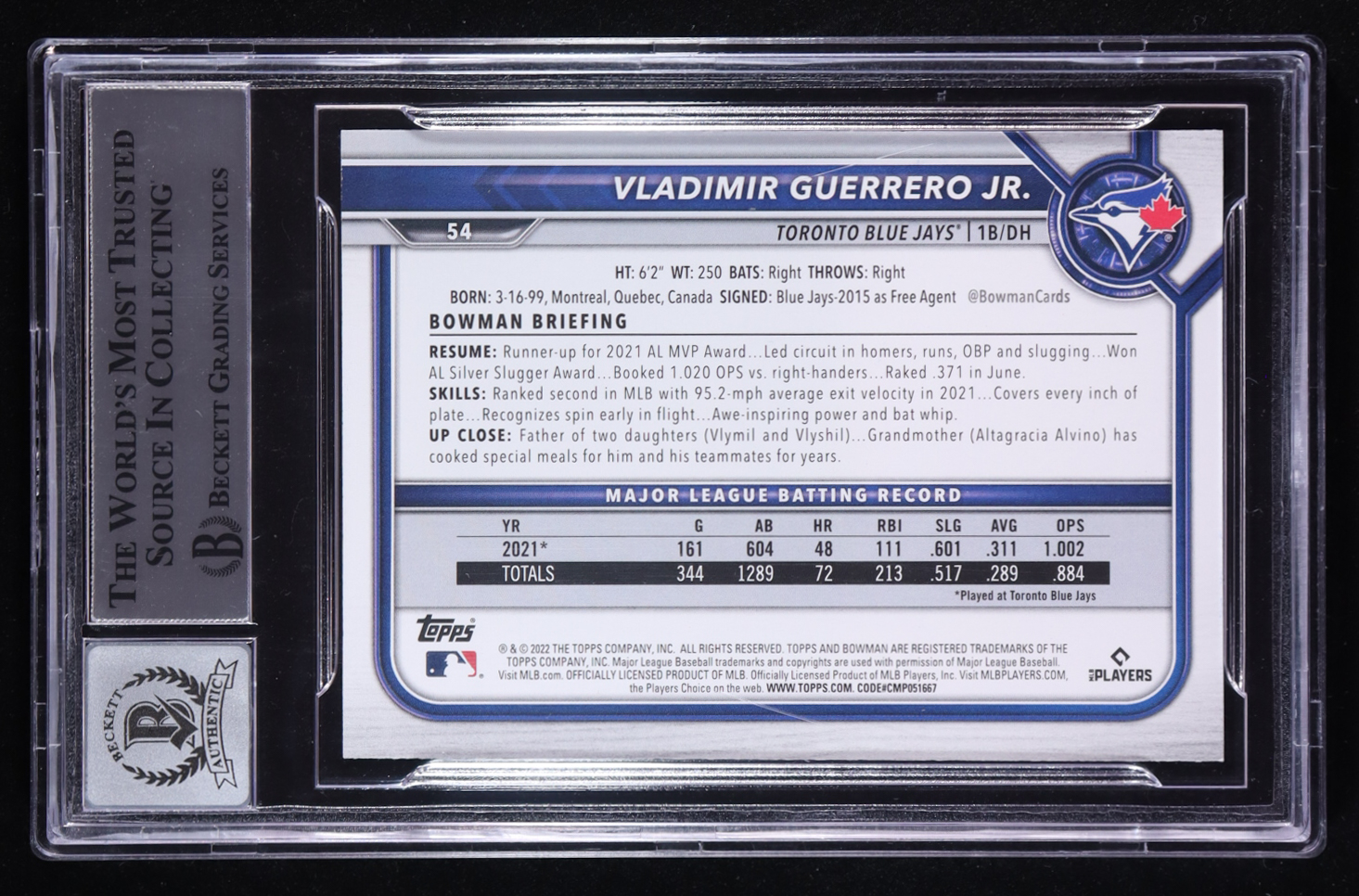 Vladimir Guerrero Jr. Signed 2022 Bowman #54 (BGS | Auto Grade 10) at PristineAuction.com Vladimir Guerrero Jr. Signed 2022 Bowman #54 (BGS | Auto Grade 10) at PristineAuction.com