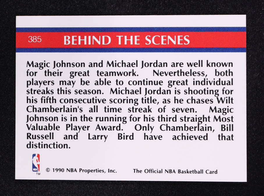 Magic Johnson / Michael Jordan 1990-91 Hoops Super Streaks Stay In School #385 at PristineAuction.com Magic Johnson / Michael Jordan 1990-91 Hoops Super Streaks Stay In School #385 at PristineAuction.com