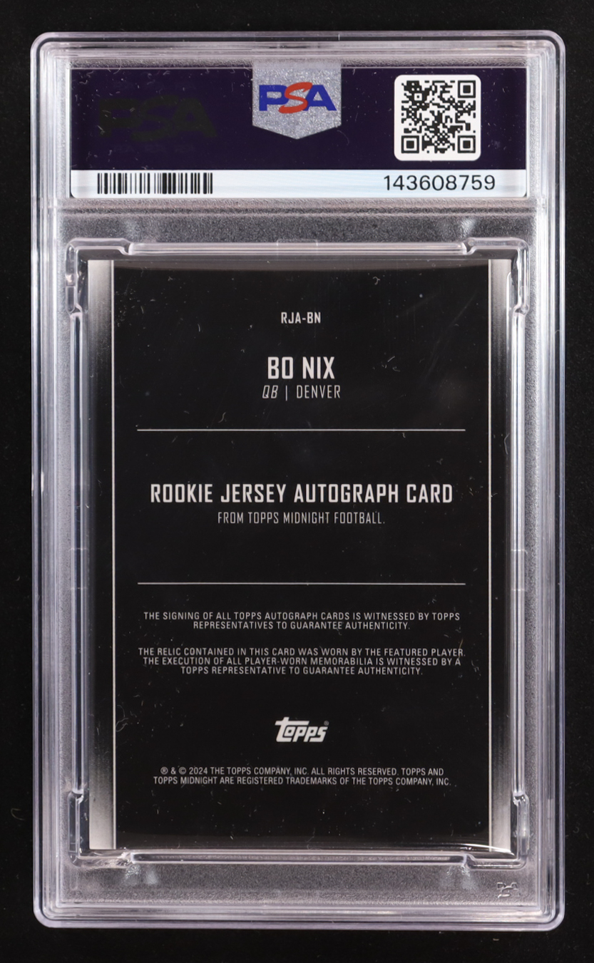 Bo Nix 2024 Topps Midnight Rookie Jersey Autographs Dusk #RJA-BN RC #26/75 (PSA 9) at PristineAuction.com Bo Nix 2024 Topps Midnight Rookie Jersey Autographs Dusk #RJA-BN RC #26/75 (PSA 9) at PristineAuction.com