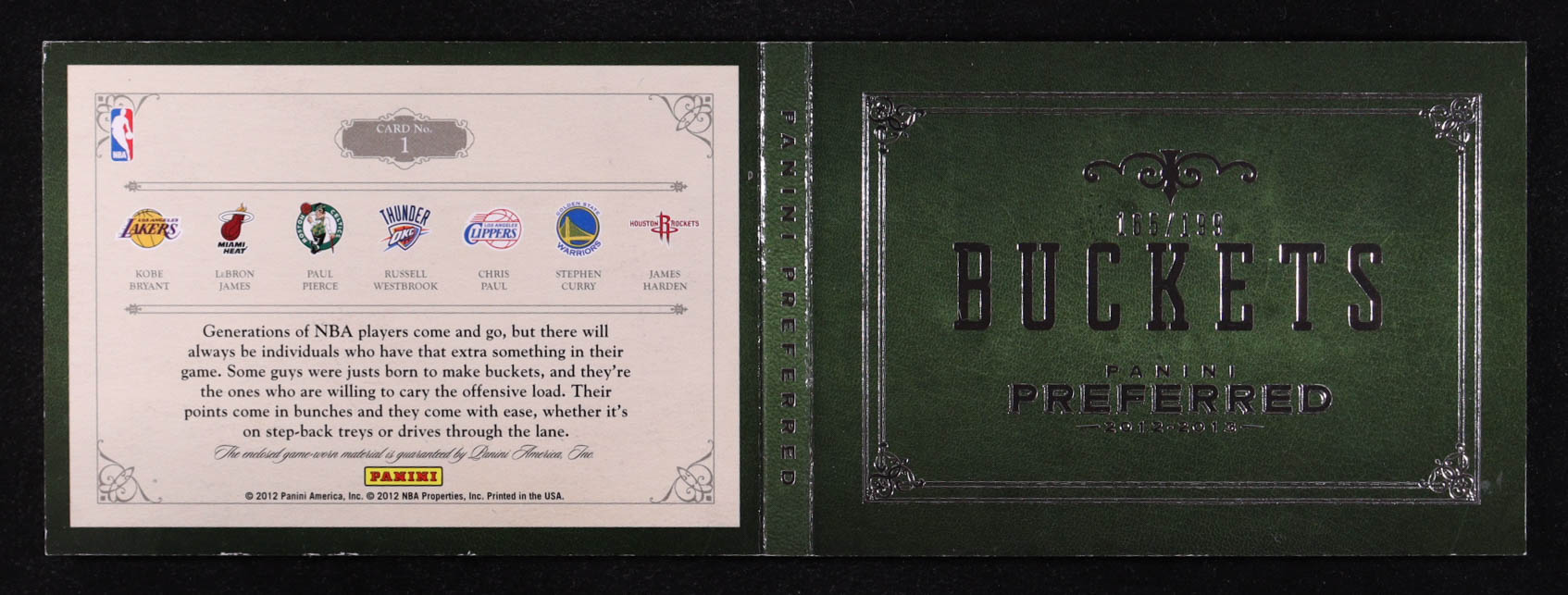 James Harden / Kobe Bryant / Stephen Curry / Russell Westbrook / Chris Paul / LeBron James / Paul Pierce 2012-13 Panini Preferred Buckets Memorabilia #1 #165/199 at PristineAuction.com James Harden / Kobe Bryant / Stephen Curry / Russell Westbrook / Chris Paul / LeBron James / Paul Pierce 2012-13 Panini Preferred Buckets Memorabilia #1 #165/199 at PristineAuction.com