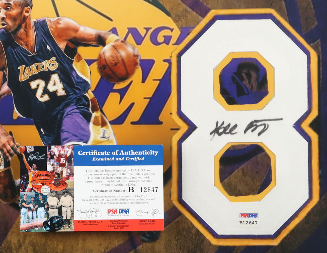 Kobe Bryant Signed Custom Framed Jersey Number Display & (7) Championship Rings & Name Plaque (PSA) at PristineAuction.com Kobe Bryant Signed Custom Framed Jersey Number Display & (7) Championship Rings & Name Plaque (PSA) at PristineAuction.com