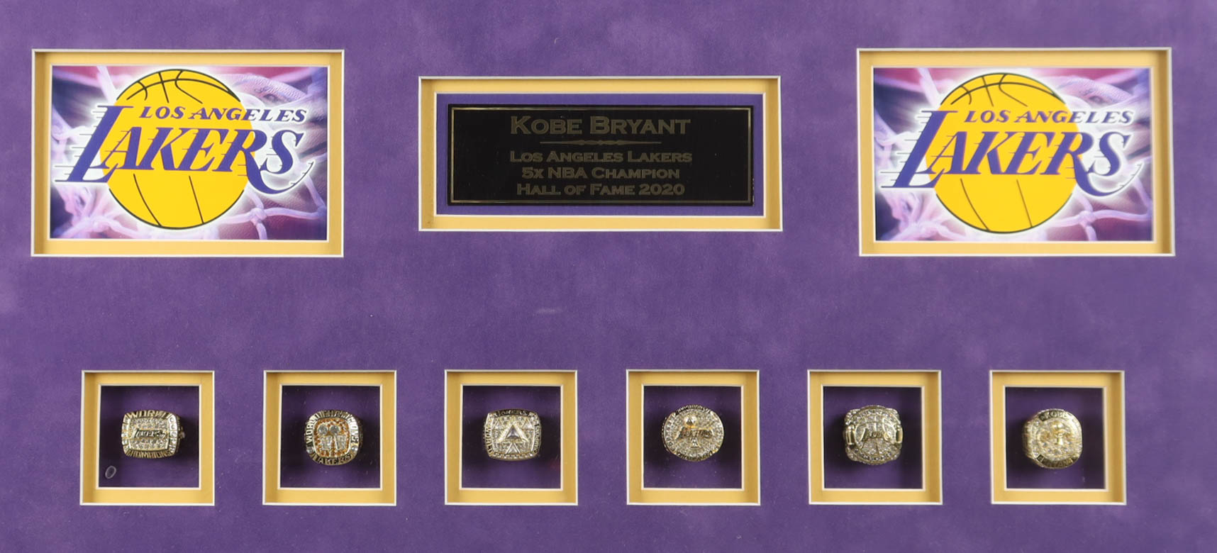 Kobe Bryant Signed Custom Framed Jersey Number Display & (7) Championship Rings & Name Plaque (PSA) at PristineAuction.com Kobe Bryant Signed Custom Framed Jersey Number Display & (7) Championship Rings & Name Plaque (PSA) at PristineAuction.com