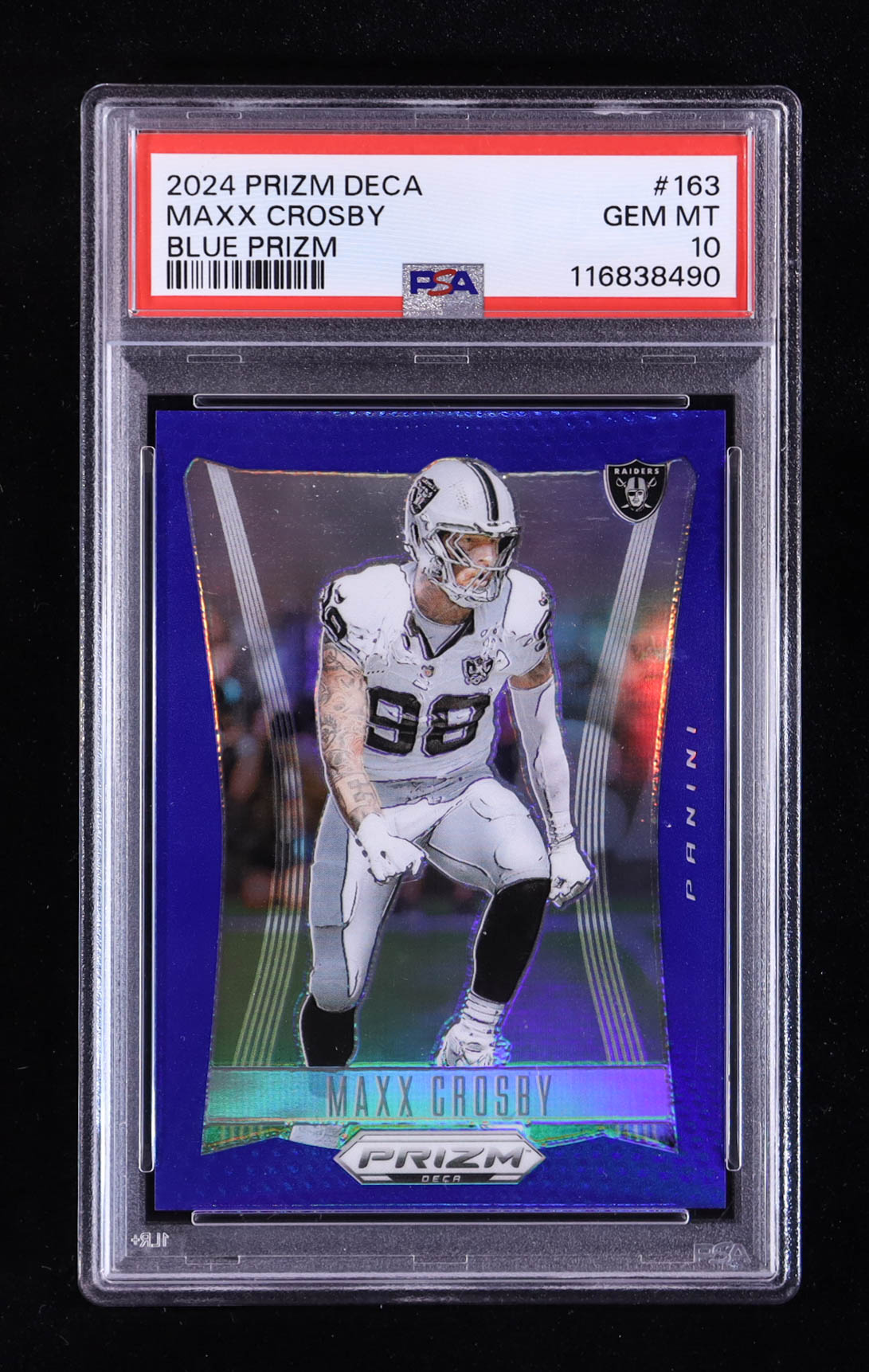 Maxx Crosby 2024 Panini Prizm Deca Prizms Blue #163 #117/149 (PSA 10) at PristineAuction.com Maxx Crosby 2024 Panini Prizm Deca Prizms Blue #163 #117/149 (PSA 10) at PristineAuction.com