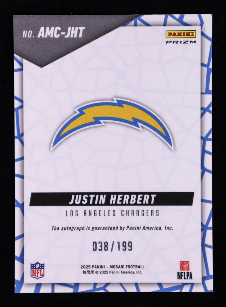 Justin Herbert 2025 Panini Mosaic Autographs Mosaic Red #24 #038/199 at PristineAuction.com Justin Herbert 2025 Panini Mosaic Autographs Mosaic Red #24 #038/199 at PristineAuction.com