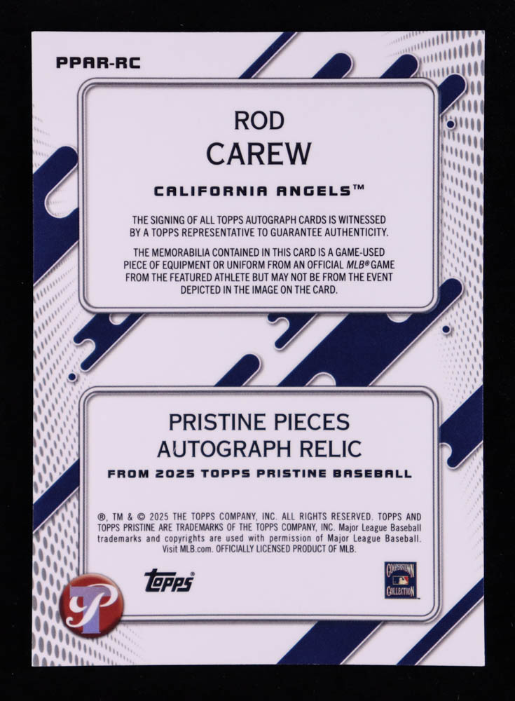 Rod Carew 2025 Topps Pristine Pristine Pieces Autograph Relics #PPARRC at PristineAuction.com Rod Carew 2025 Topps Pristine Pristine Pieces Autograph Relics #PPARRC at PristineAuction.com