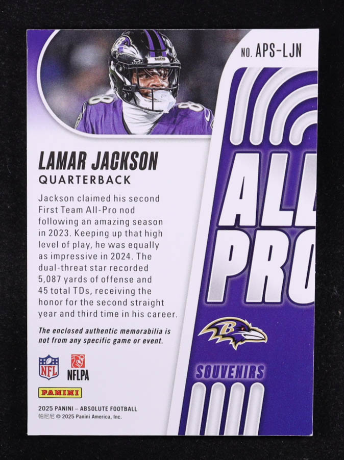 Lamar Jackson 2025 Absolute All Pro Souvenirs Gold #1 #86/99 at PristineAuction.com Lamar Jackson 2025 Absolute All Pro Souvenirs Gold #1 #86/99 at PristineAuction.com