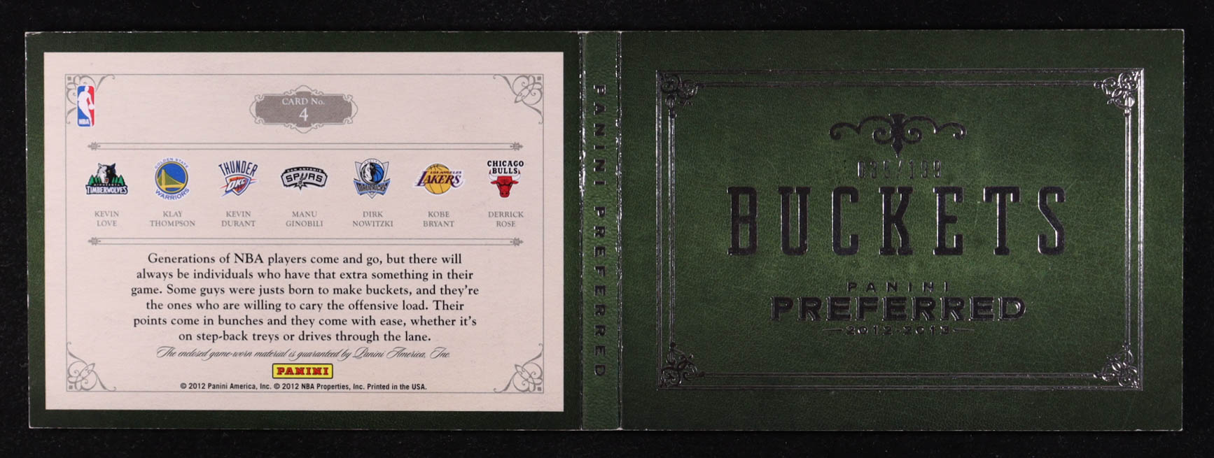 Kobe Bryant / Klay Thompson / Kevin Durant / Dirk Nowitzki / Manu Ginobili / Derrick Rose / Kevin Love 2012-13 Panini Preferred Buckets Memorabilia #4 #035/199 at PristineAuction.com Kobe Bryant / Klay Thompson / Kevin Durant / Dirk Nowitzki / Manu Ginobili / Derrick Rose / Kevin Love 2012-13 Panini Preferred Buckets Memorabilia #4 #035/199 at PristineAuction.com