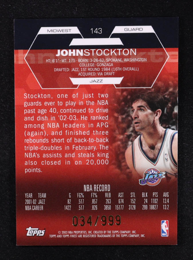 John Stockton 2002-03 Finest JSY #143 #034/999 at PristineAuction.com John Stockton 2002-03 Finest JSY #143 #034/999 at PristineAuction.com