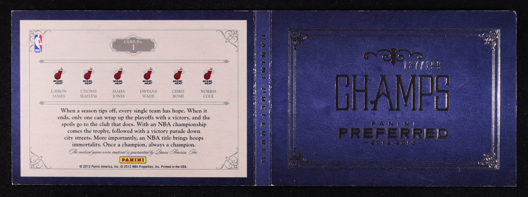 James Jones / LeBron James / Dwyane Wade / Chris Bosh / Norris Cole / Udonis Haslem 2012-13 Panini Preferred Champs Memorabilia #1 #137/199 at PristineAuction.com James Jones / LeBron James / Dwyane Wade / Chris Bosh / Norris Cole / Udonis Haslem 2012-13 Panini Preferred Champs Memorabilia #1 #137/199 at PristineAuction.com