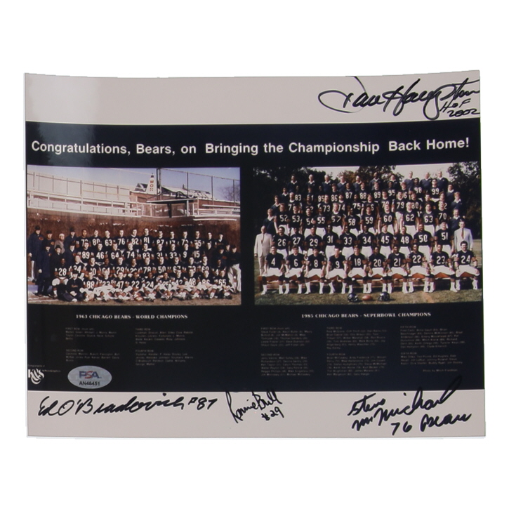 1963 & 1985 World Champion Bears 8x10 Photo Team-Signed By (4) with Dan Hampton, Mike Singletary, Steve McMichael, Ed O'Bradovich and Ronnie Bull (PSA) at PristineAuction.com 1963 & 1985 World Champion Bears 8x10 Photo Team-Signed By (4) with Dan Hampton, Mike Singletary, Steve McMichael, Ed O'Bradovich and Ronnie Bull (PSA) at PristineAuction.com