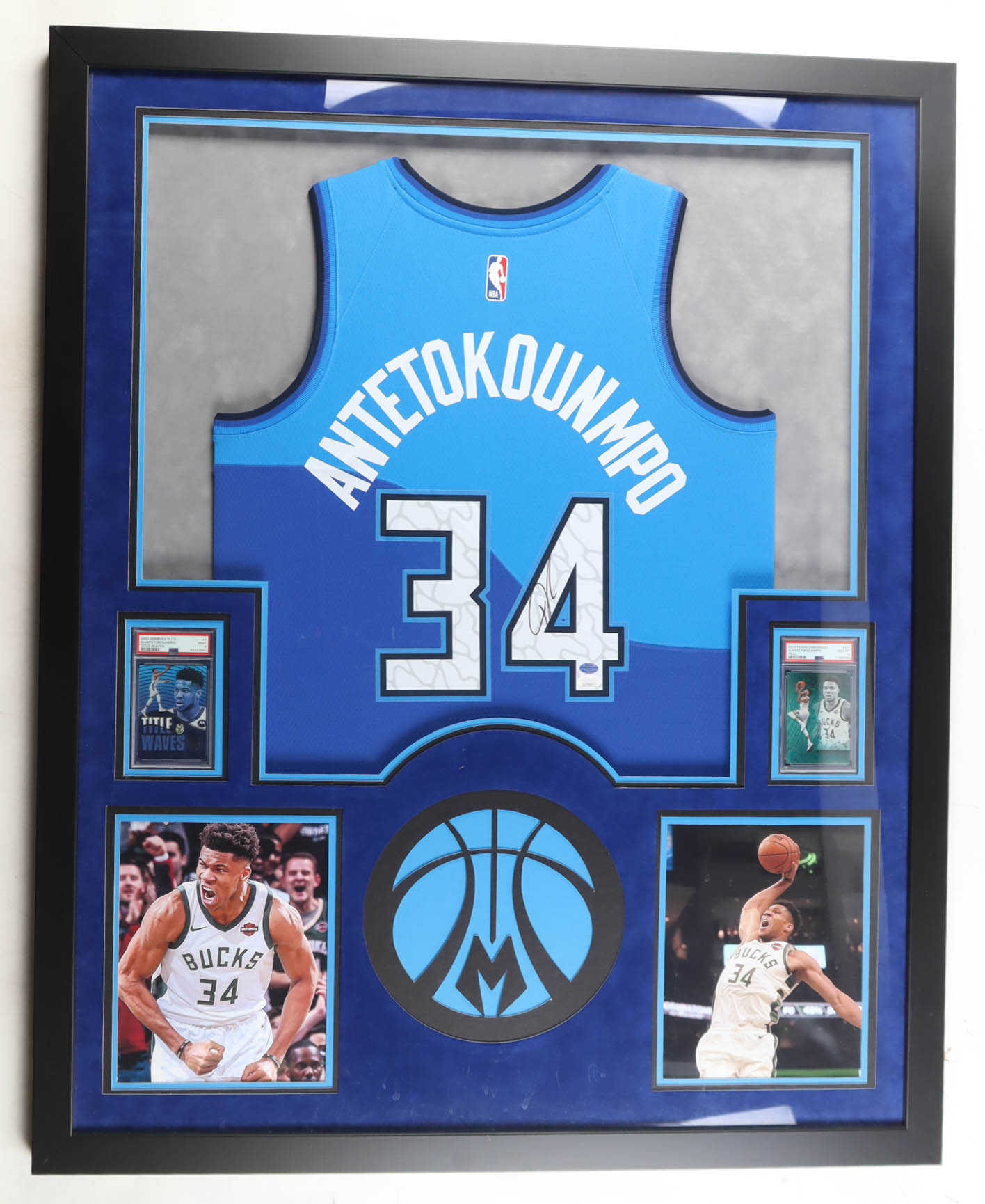 Giannis Antetokounmpo Signed Custom Framed Jersey with LED Display & (2) Photos & (2) (PSA) Graded Sports Cards (JSA & Antetokounmpo) at PristineAuction.com Giannis Antetokounmpo Signed Custom Framed Jersey with LED Display & (2) Photos & (2) (PSA) Graded Sports Cards (JSA & Antetokounmpo) at PristineAuction.com