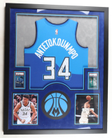 Giannis Antetokounmpo Signed Custom Framed Jersey with LED Display & (2) Photos & (2) (PSA) Graded Sports Cards (JSA & Antetokounmpo) at PristineAuction.com