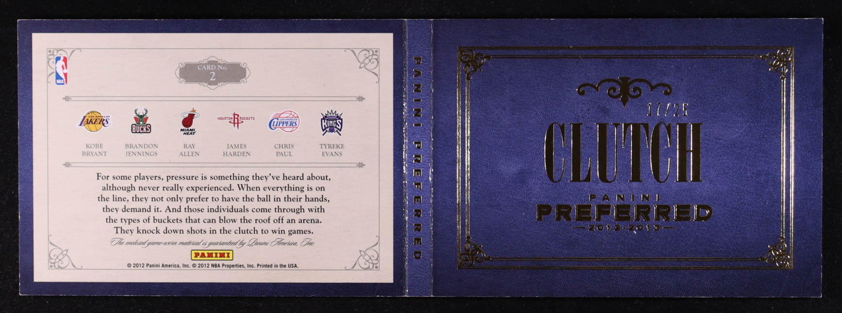 Kobe Bryant / Chris Paul / Ray Allen / James Harden / Brandon Jennings / Tyreke Evans 2012-13 Panini Preferred Clutch Memorabilia Prime #2 #17/25 at PristineAuction.com Kobe Bryant / Chris Paul / Ray Allen / James Harden / Brandon Jennings / Tyreke Evans 2012-13 Panini Preferred Clutch Memorabilia Prime #2 #17/25 at PristineAuction.com