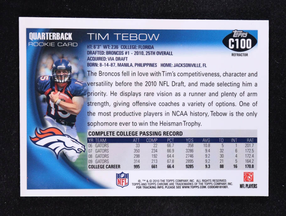 Tim Tebow 2010 Topps Chrome Xfractors #C100 RC at PristineAuction.com Tim Tebow 2010 Topps Chrome Xfractors #C100 RC at PristineAuction.com