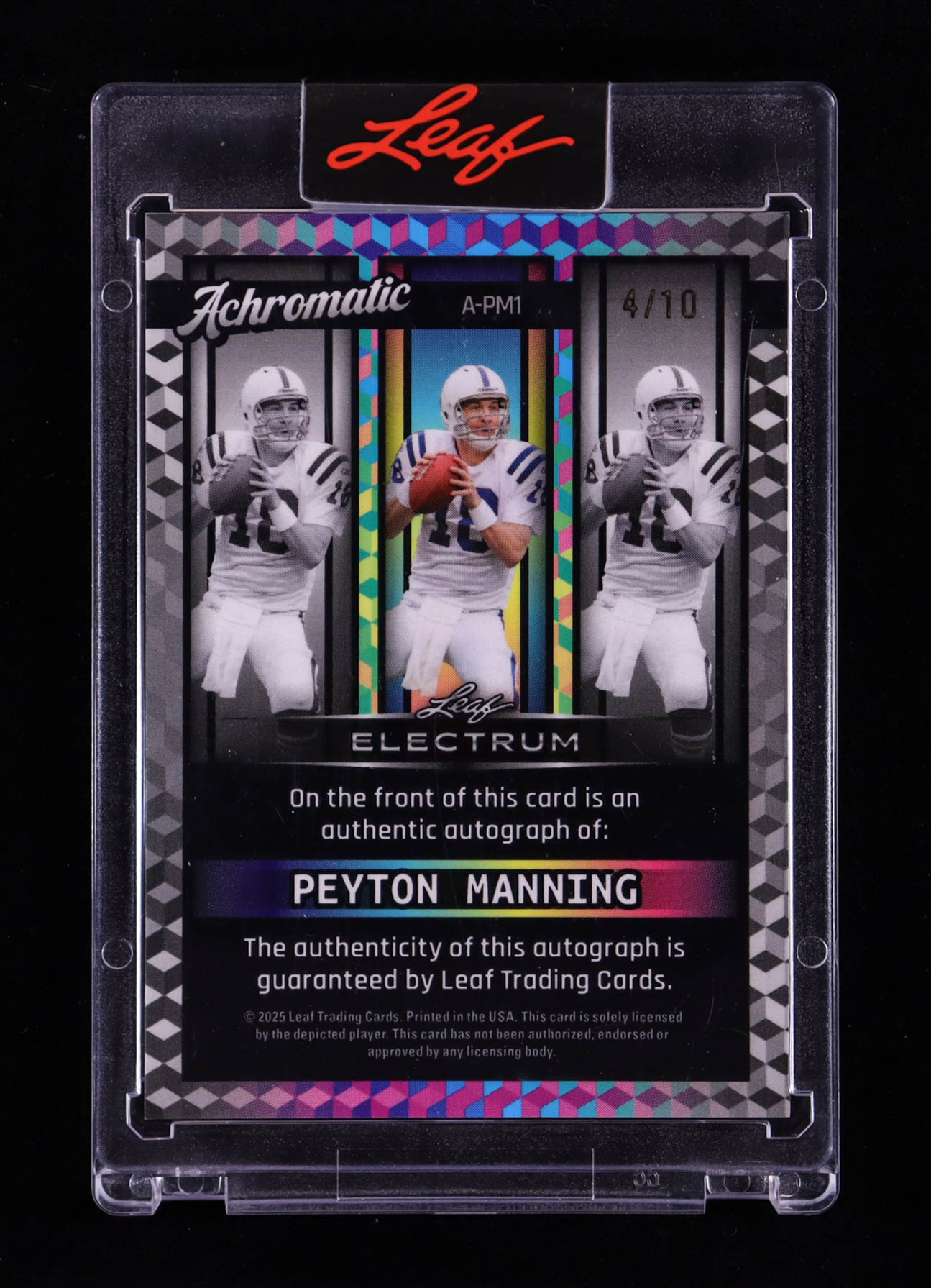 Peyton Manning 2025 Leaf Electrum Achromaic Autographs Bronze #APM1 #4/10 at PristineAuction.com Peyton Manning 2025 Leaf Electrum Achromaic Autographs Bronze #APM1 #4/10 at PristineAuction.com