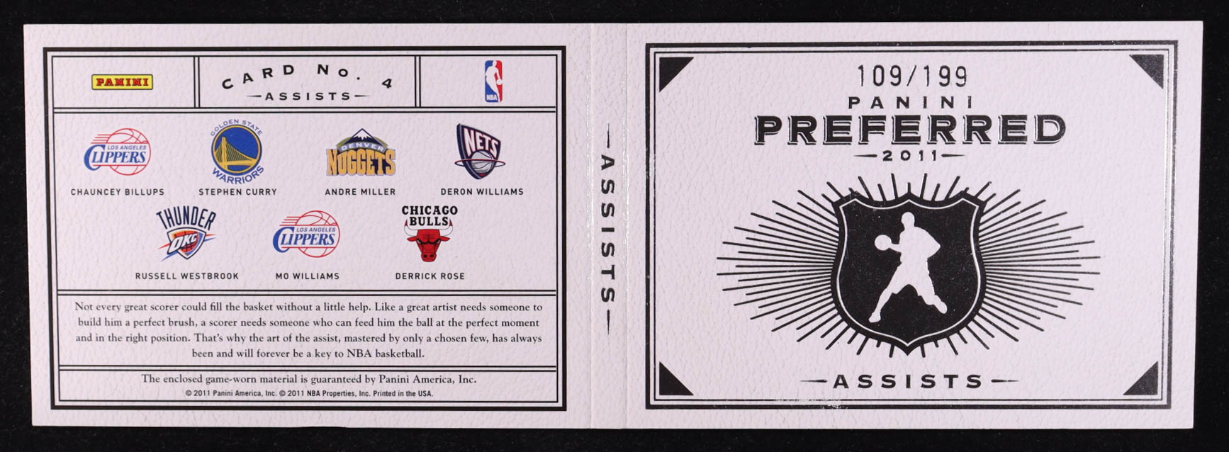 Chauncey Billups / Stephen Curry / Russell Westbrook / Deron Williams / Andre Miller / Mo Williams / Derrick Rose 2011-12 Panini Preferred Assists Memorabilia #4 #109/199 at PristineAuction.com Chauncey Billups / Stephen Curry / Russell Westbrook / Deron Williams / Andre Miller / Mo Williams / Derrick Rose 2011-12 Panini Preferred Assists Memorabilia #4 #109/199 at PristineAuction.com