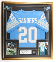 Barry Sanders Signed Custom Framed Cut Display with Jersey & Photos & HOF Induction Pin (JSA) at PristineAuction.com
