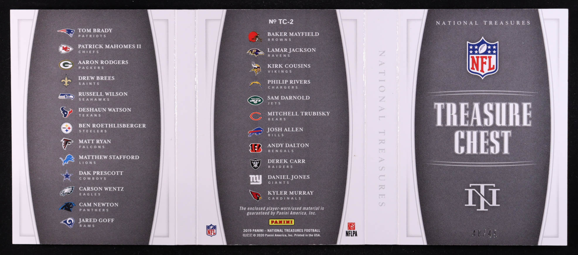 Tom Brady / Patrick Mahomes II / Aaron Rodgers / Drew Brees / Ben Roethlisberger / Josh Allen / Lamar Jackson / Kyler Murray RC / Daniel Jones RC 2019 Panini National Treasures Treasure Chest Materials #2 #48/49 at PristineAuction.com Tom Brady / Patrick Mahomes II / Aaron Rodgers / Drew Brees / Ben Roethlisberger / Josh Allen / Lamar Jackson / Kyler Murray RC / Daniel Jones RC 2019 Panini National Treasures Treasure Chest Materials #2 #48/49 at PristineAuction.com