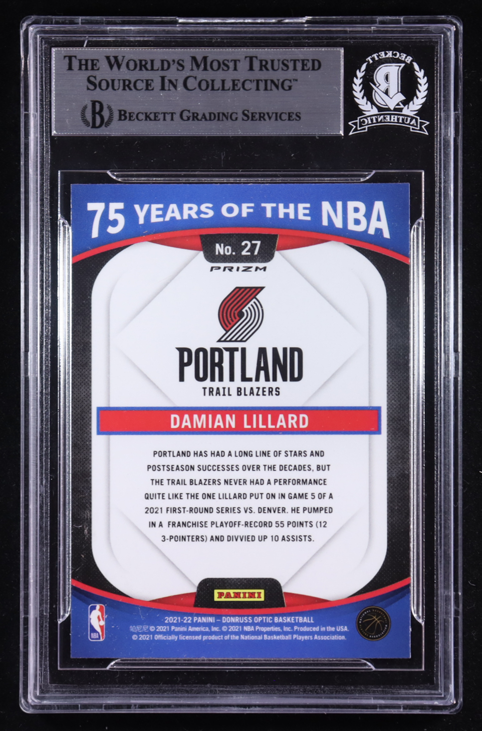 Damian Lillard Signed 2021-22 Optic 75 Years of the NBA Prizms Silver #27 (BGS) at PristineAuction.com Damian Lillard Signed 2021-22 Optic 75 Years of the NBA Prizms Silver #27 (BGS) at PristineAuction.com