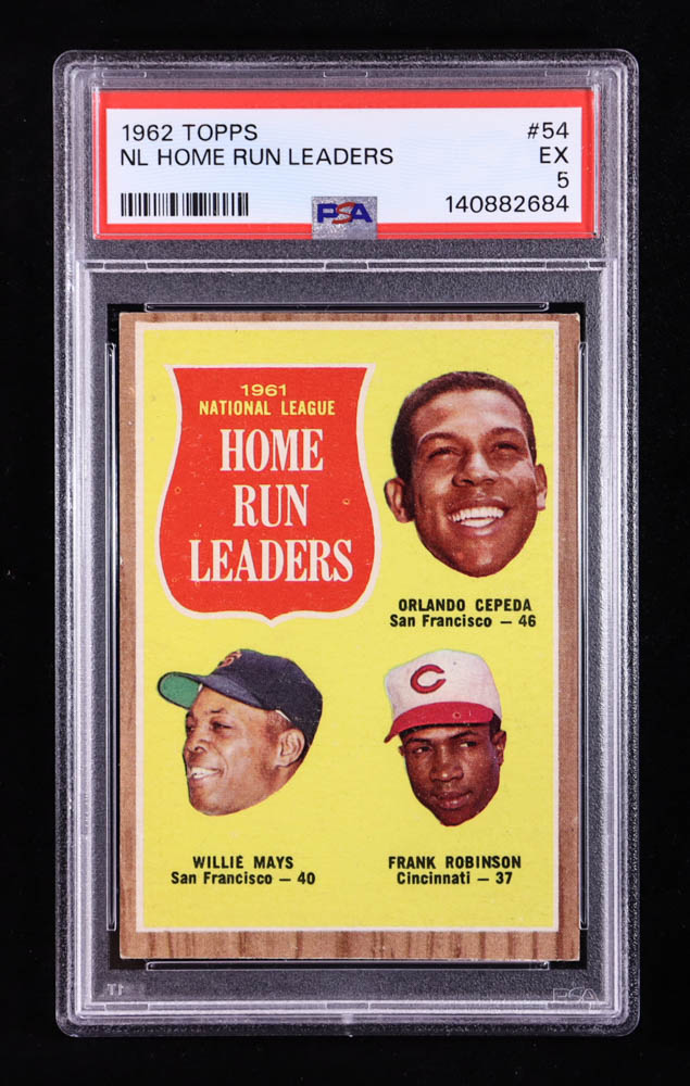 Orlando Cepeda / Willie Mays / Frank Robinson 1962 Topps #54 NL Home Run Leaders (PSA 5) at PristineAuction.com Orlando Cepeda / Willie Mays / Frank Robinson 1962 Topps #54 NL Home Run Leaders (PSA 5) at PristineAuction.com