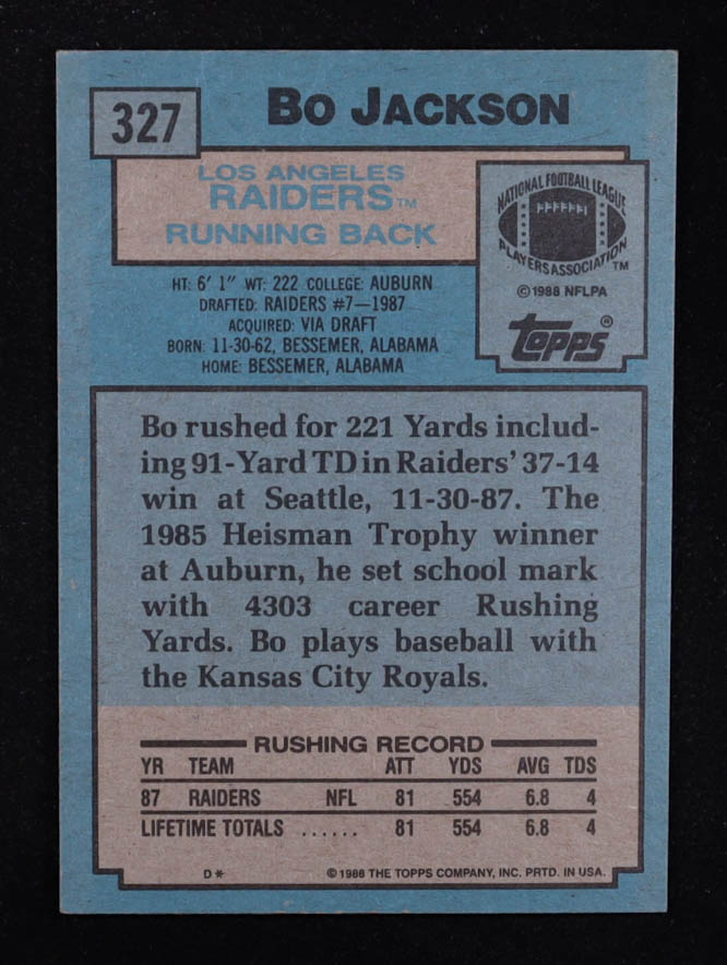 Bo Jackson 1988 Topps #327 SR RC at PristineAuction.com Bo Jackson 1988 Topps #327 SR RC at PristineAuction.com