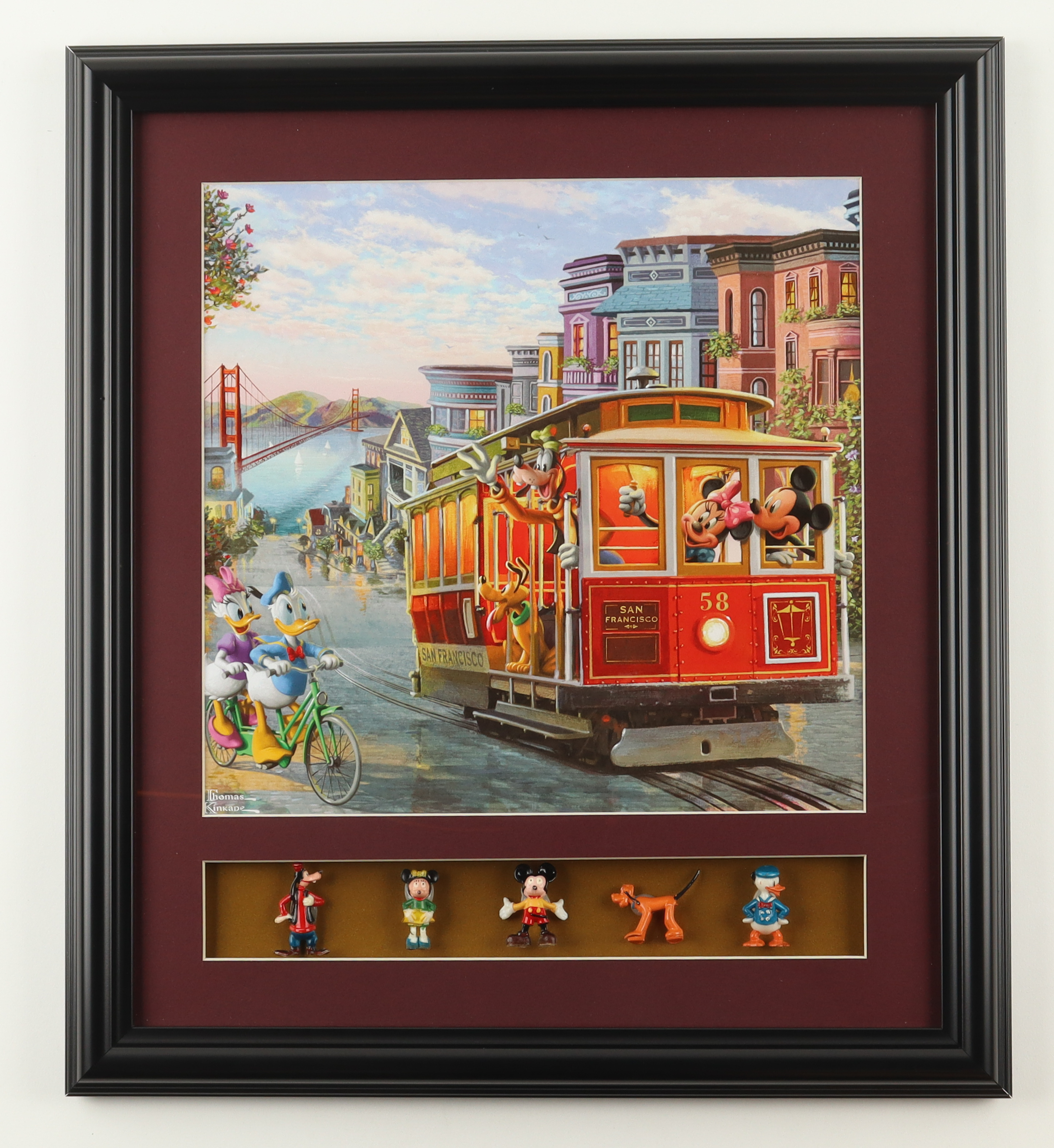 Thomas Kinkade "Mickey & Friends in San Francisco" Custom Framed Print Display with (5) Vintage 1960 Disney Retired Vintage Multi Character Figurines at PristineAuction.com Thomas Kinkade "Mickey & Friends in San Francisco" Custom Framed Print Display with (5) Vintage 1960 Disney Retired Vintage Multi Character Figurines at PristineAuction.com