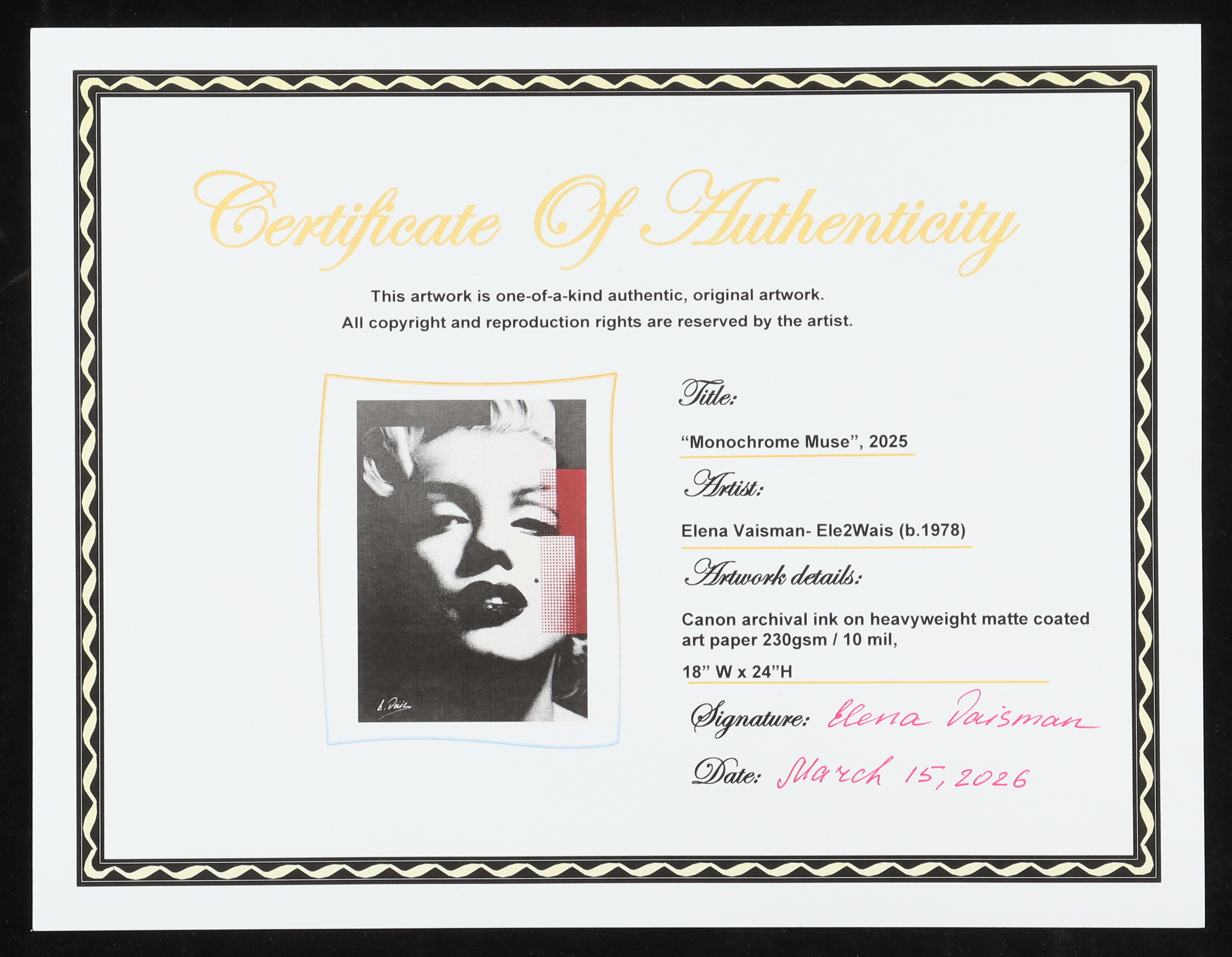 2025 "Monochrome Muse" by Elena Vaisman 18x24 Original Art (Vaisman) at PristineAuction.com 2025 "Monochrome Muse" by Elena Vaisman 18x24 Original Art (Vaisman) at PristineAuction.com