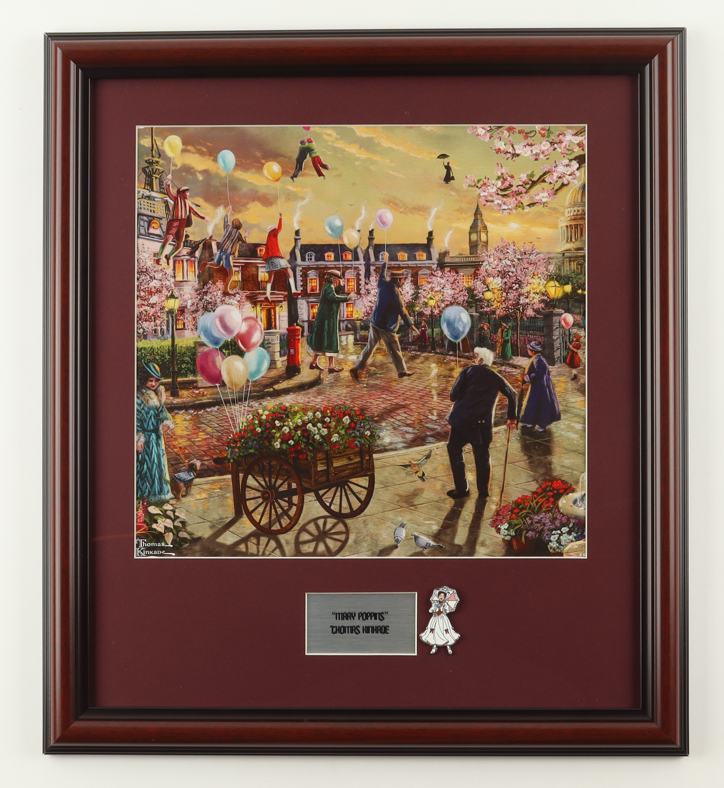 Thomas Kinkade "Mary Poppins" Custom Framed Print Display with (5) Retired Vintage Mary Poppins Pin at PristineAuction.com Thomas Kinkade "Mary Poppins" Custom Framed Print Display with (5) Retired Vintage Mary Poppins Pin at PristineAuction.com