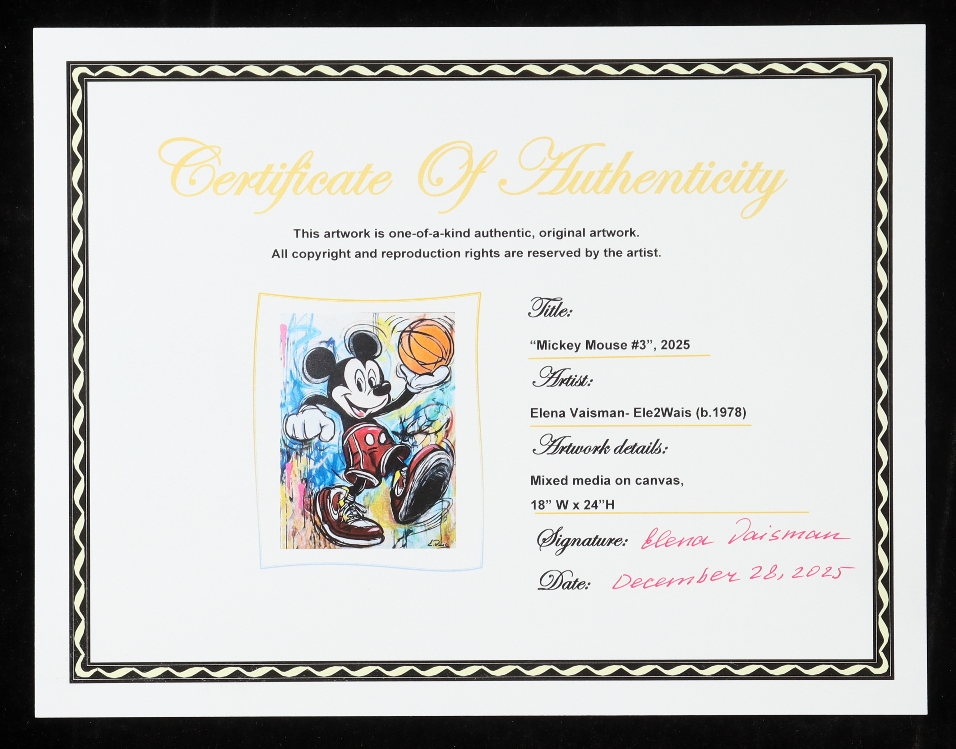 2025 "Mickey Mouse #3" by Elena Vaisman 18x24 Original Canvas Art (Vaisman) at PristineAuction.com 2025 "Mickey Mouse #3" by Elena Vaisman 18x24 Original Canvas Art (Vaisman) at PristineAuction.com