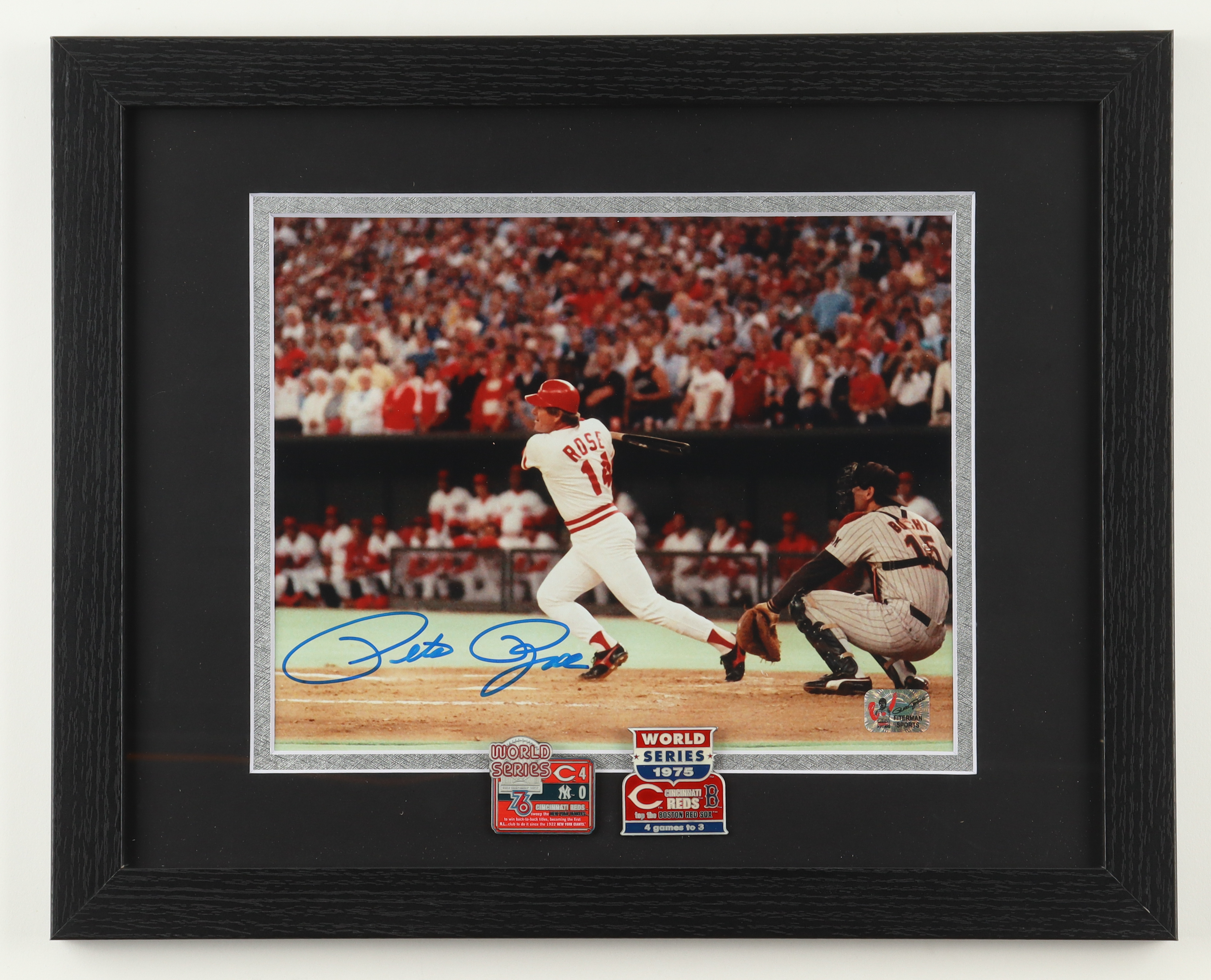 Pete Rose Signed Reds Custom Framed Photo Display with (2) World Series Pins (Rose) at PristineAuction.com Pete Rose Signed Reds Custom Framed Photo Display with (2) World Series Pins (Rose) at PristineAuction.com