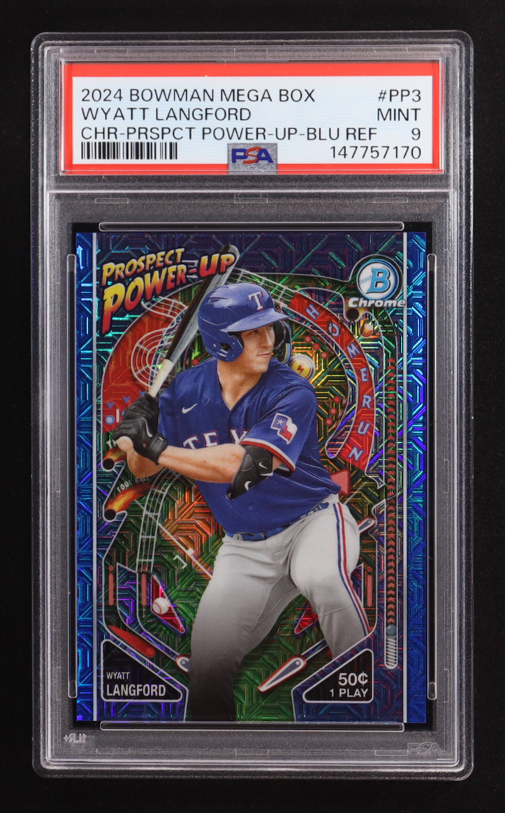 Wyatt Langford 2024 Bowman Chrome Mega Box Prospect Power-Up Blue Refractors #PP3 #073/150 (PSA 9) at PristineAuction.com Wyatt Langford 2024 Bowman Chrome Mega Box Prospect Power-Up Blue Refractors #PP3 #073/150 (PSA 9) at PristineAuction.com