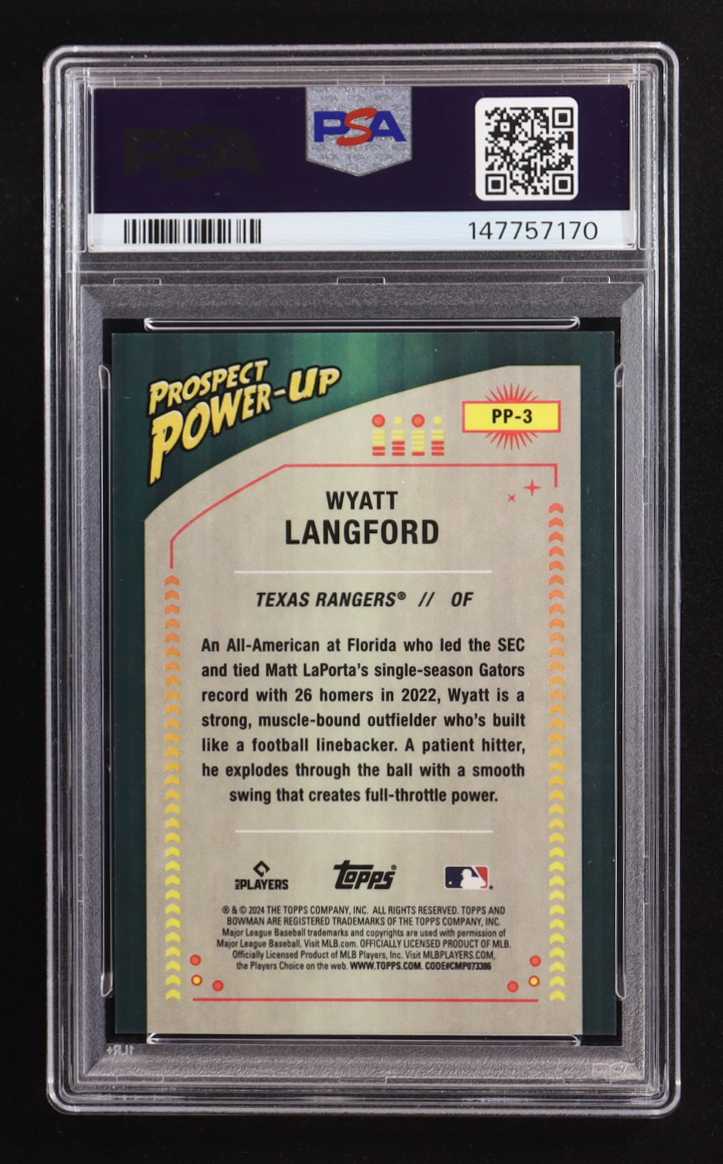 Wyatt Langford 2024 Bowman Chrome Mega Box Prospect Power-Up Blue Refractors #PP3 #073/150 (PSA 9) at PristineAuction.com Wyatt Langford 2024 Bowman Chrome Mega Box Prospect Power-Up Blue Refractors #PP3 #073/150 (PSA 9) at PristineAuction.com