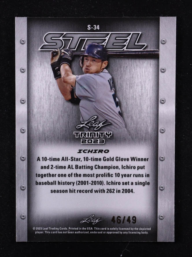 Ichiro Suzuki 2023 Leaf Trinity Steel Purple Lasers Prismatic #S34 #46/49 at PristineAuction.com Ichiro Suzuki 2023 Leaf Trinity Steel Purple Lasers Prismatic #S34 #46/49 at PristineAuction.com