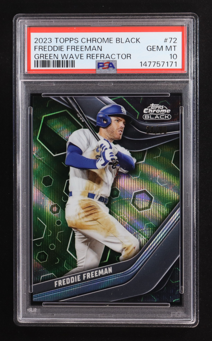 Freddie Freeman 2023 Topps Chrome Black Green Wave Refractors #72 #24/99 (PSA 10) at PristineAuction.com Freddie Freeman 2023 Topps Chrome Black Green Wave Refractors #72 #24/99 (PSA 10) at PristineAuction.com