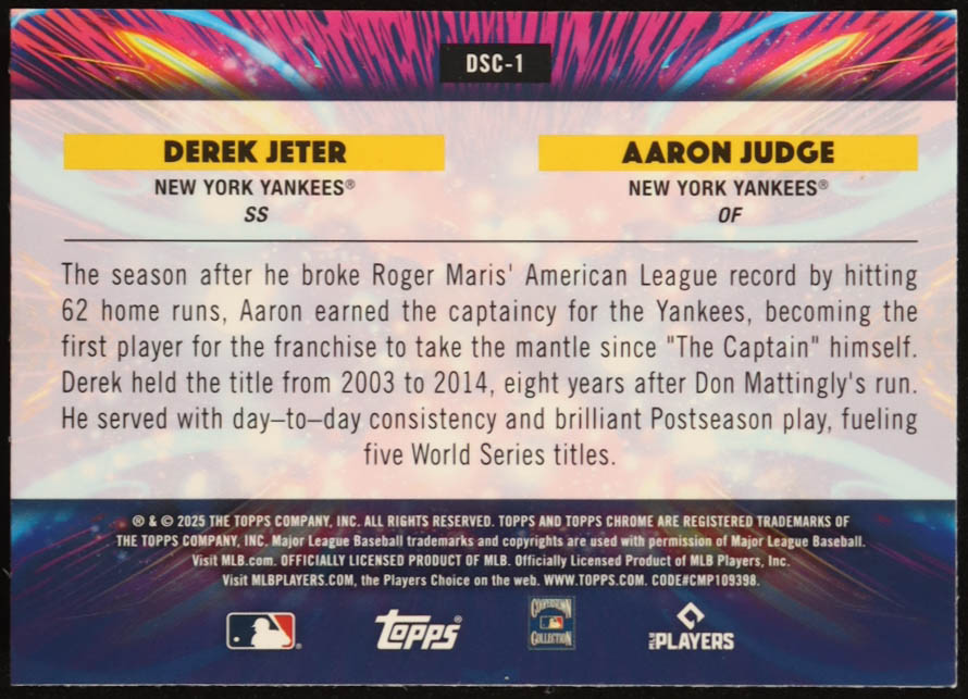 Derek Jeter / Aaron Judge 2025 Topps Cosmic Chrome Dual Star Clusters #DSC1 at PristineAuction.com Derek Jeter / Aaron Judge 2025 Topps Cosmic Chrome Dual Star Clusters #DSC1 at PristineAuction.com