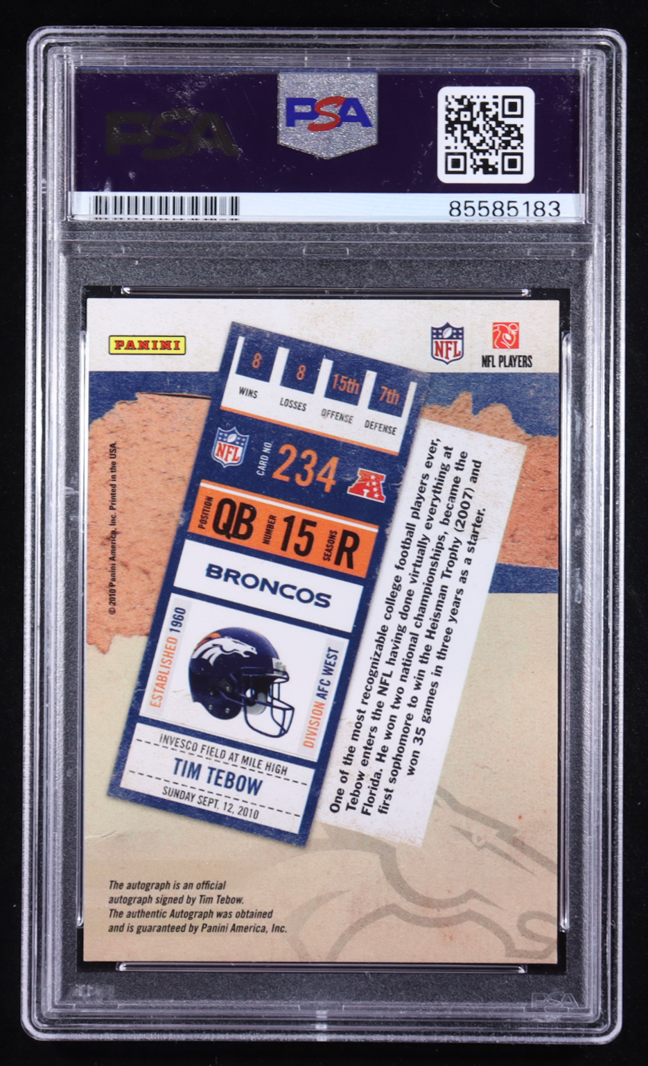 Tim Tebow 2010 Playoff Contenders #234A RC (PSA | Autograph Grade 10) at PristineAuction.com Tim Tebow 2010 Playoff Contenders #234A RC (PSA | Autograph Grade 10) at PristineAuction.com