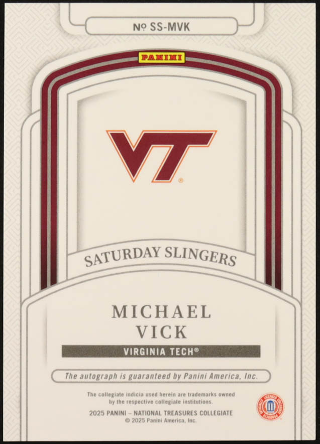 Michael Vick 2025 Panini National Treasures Collegiate Saturday Slingers Signatures #13 #24/99 at PristineAuction.com Michael Vick 2025 Panini National Treasures Collegiate Saturday Slingers Signatures #13 #24/99 at PristineAuction.com