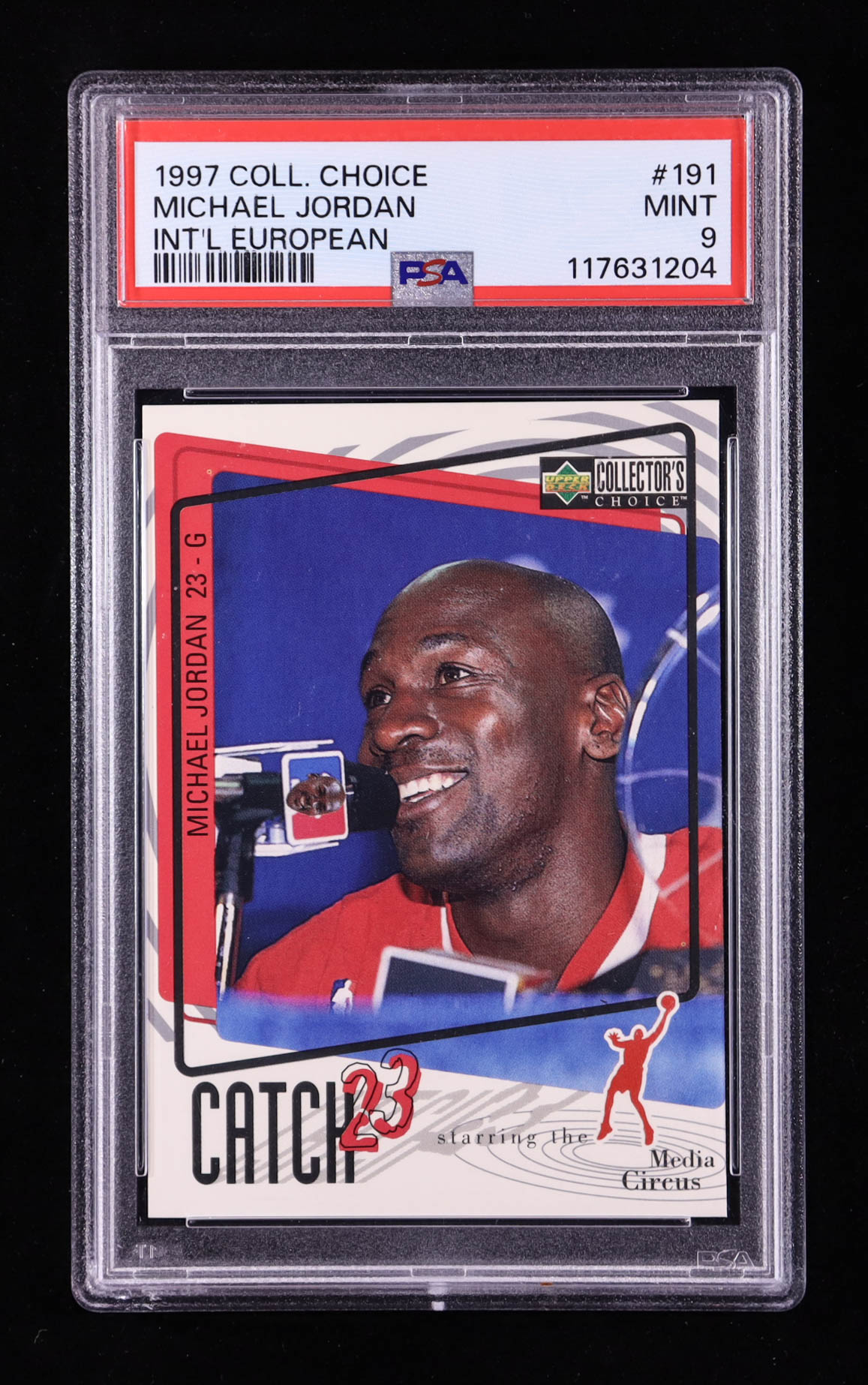 Michael Jordan 1997-98 Collector's Choice International European #191 Catch 23 Media Circus (PSA 9) at PristineAuction.com Michael Jordan 1997-98 Collector's Choice International European #191 Catch 23 Media Circus (PSA 9) at PristineAuction.com