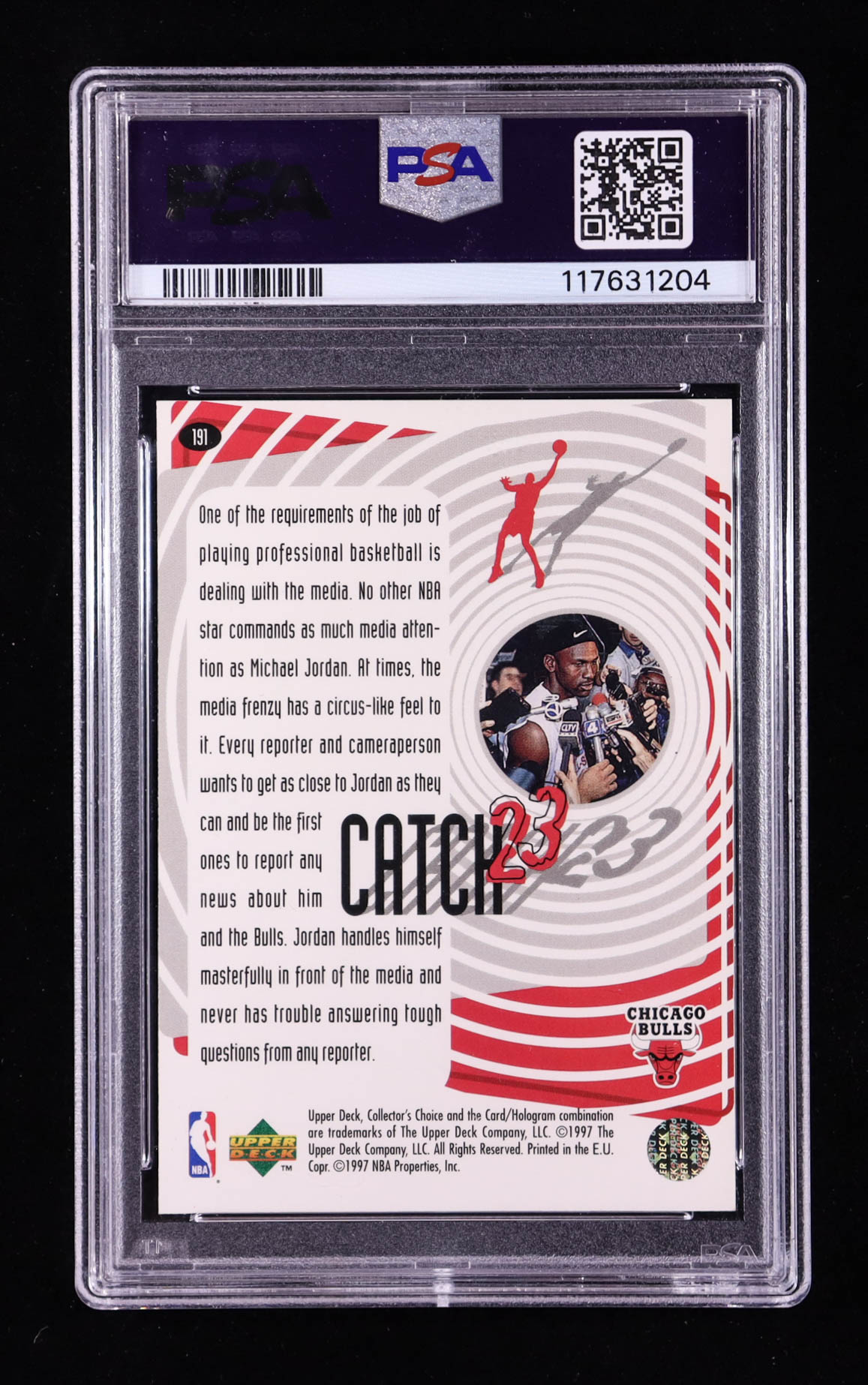 Michael Jordan 1997-98 Collector's Choice International European #191 Catch 23 Media Circus (PSA 9) at PristineAuction.com Michael Jordan 1997-98 Collector's Choice International European #191 Catch 23 Media Circus (PSA 9) at PristineAuction.com