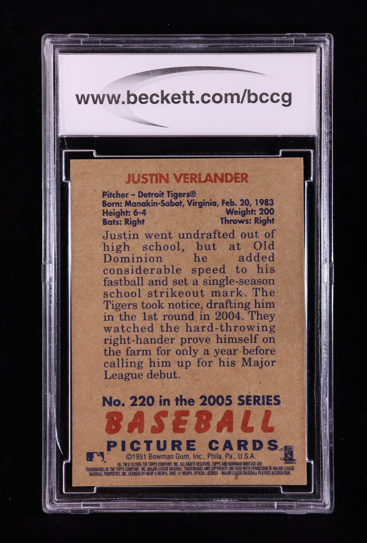 Justin Verlander 2005 Bowman Heritage #220 FY RC (BCCG 10) at PristineAuction.com Justin Verlander 2005 Bowman Heritage #220 FY RC (BCCG 10) at PristineAuction.com