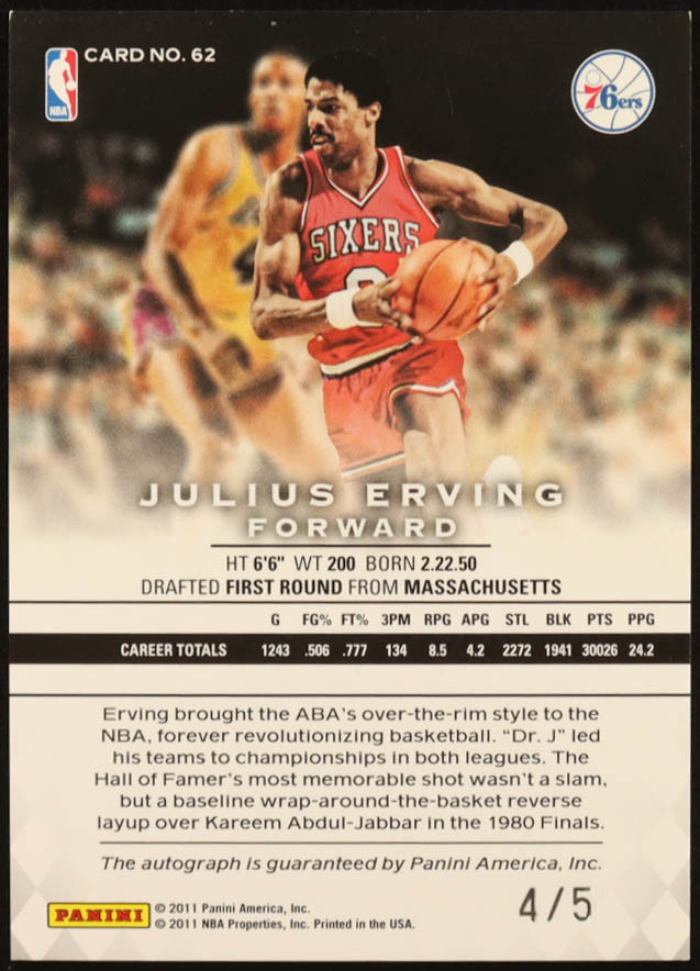 Julius Erving 2011-12 Panini Preferred Blue #62 PS AU #4/5 at PristineAuction.com Julius Erving 2011-12 Panini Preferred Blue #62 PS AU #4/5 at PristineAuction.com