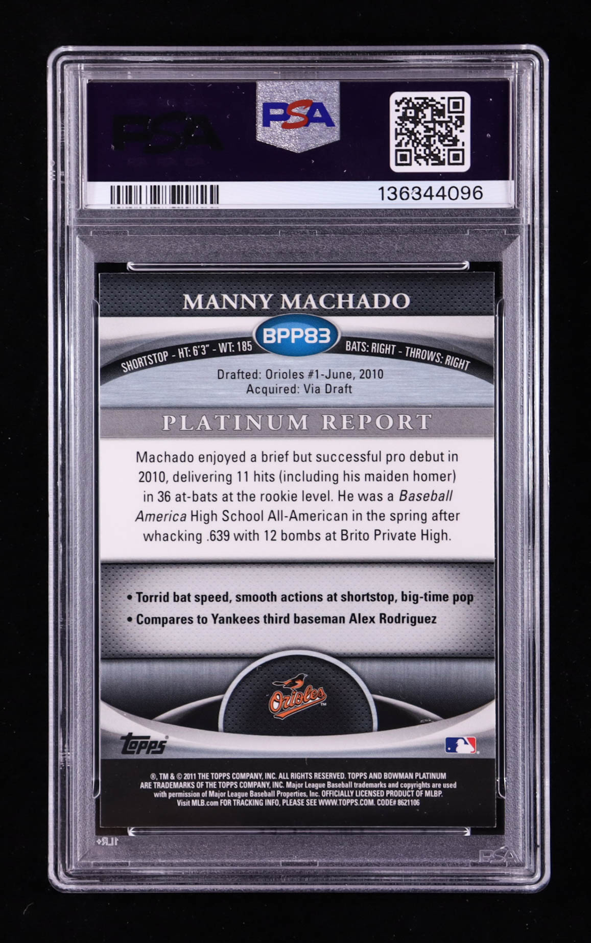 Manny Machado 2011 Bowman Platinum Prospects X-Fractors #BPP83 RC (PSA 10) at PristineAuction.com Manny Machado 2011 Bowman Platinum Prospects X-Fractors #BPP83 RC (PSA 10) at PristineAuction.com