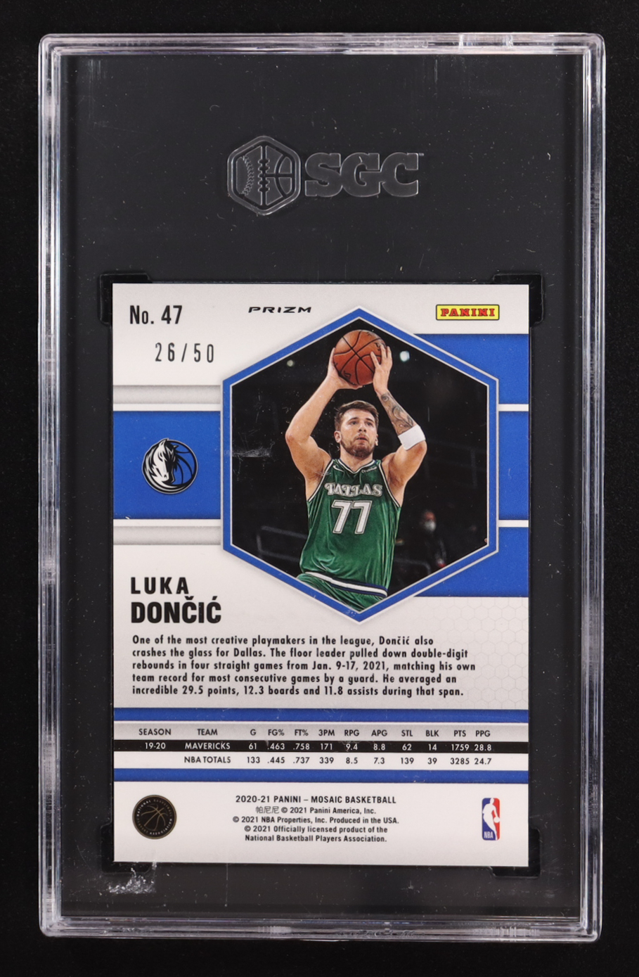 Luka Doncic 2020-21 Panini Mosaic Purple Fast Break Prizm #47 #26/50 (SGC 9.5) at PristineAuction.com Luka Doncic 2020-21 Panini Mosaic Purple Fast Break Prizm #47 #26/50 (SGC 9.5) at PristineAuction.com