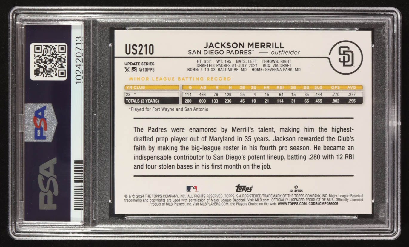 Jackson Merrill 2024 Topps Update #US210 RC (PSA 10) at PristineAuction.com Jackson Merrill 2024 Topps Update #US210 RC (PSA 10) at PristineAuction.com